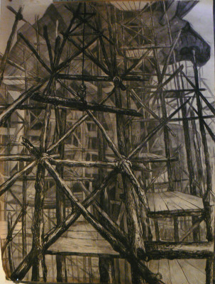 Trojský kůň, uhel a tuš na papíře, 150x205, 2005