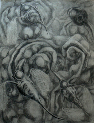 Perloočky, uhel na papíře, 100 x140, 2004