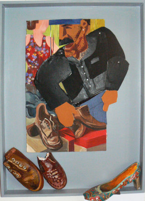 Prodavač bot, dřevo, papír, textil, kvaš, 45x50, 2008 Aix en Pce